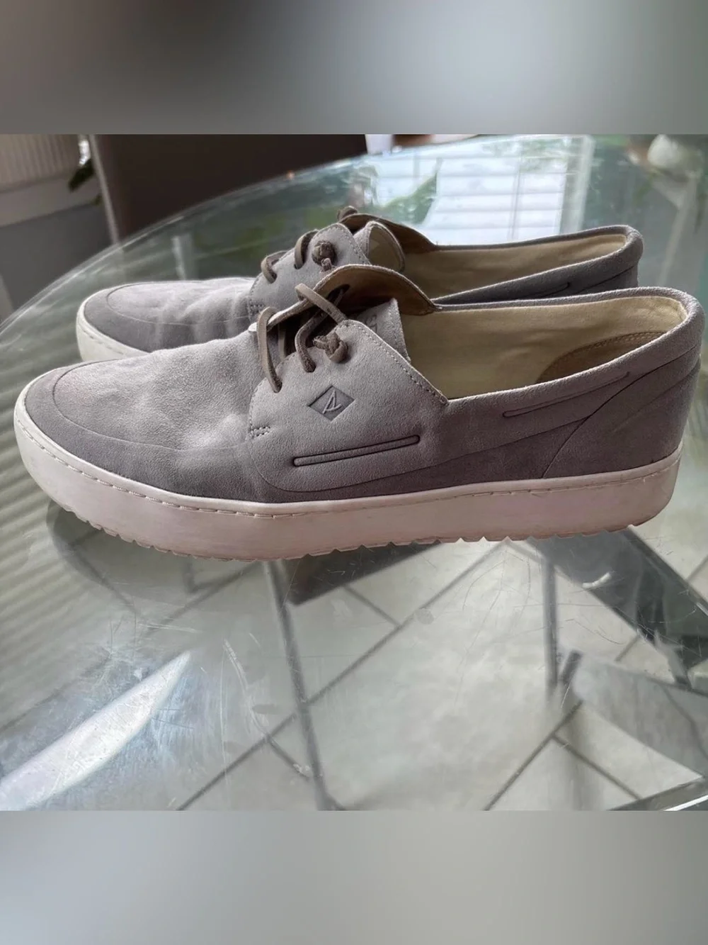 Sperry Men's Light Gray Suede Boat Shoes with White Sole